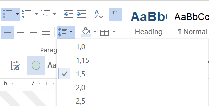 Image montrant le menu déroulant « Interligne et espacement de paragraphe » dans Microsoft Word